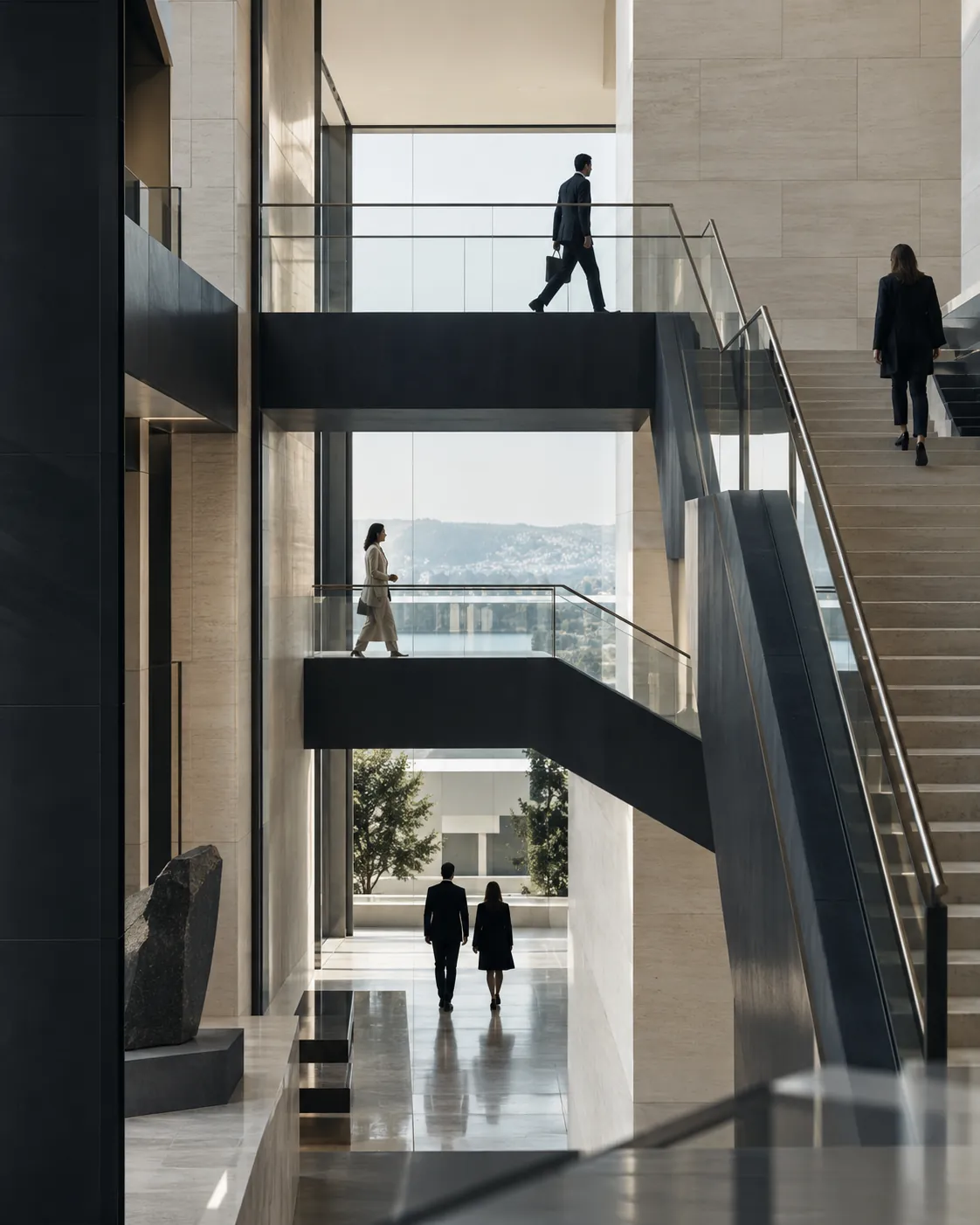 Modern bir yapıda merdiven üzerinde hareket eden insanlar